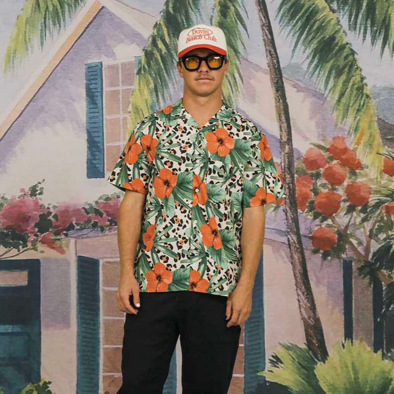 Cat Floral Leisure Stretch Buttonup – Green/ Cheetah