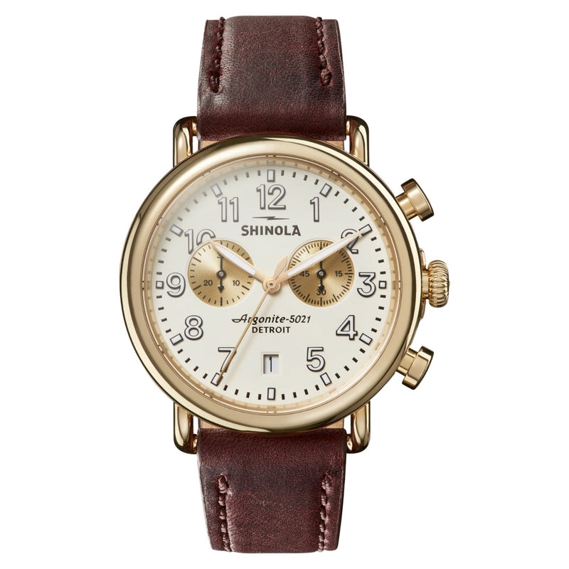Runwell 2 Eye Chrono 41mm Cattail Brown Leather Strap - Rooster