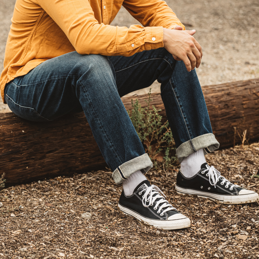 Men's outfit built around selvedge denim jeans from Rooster Bus