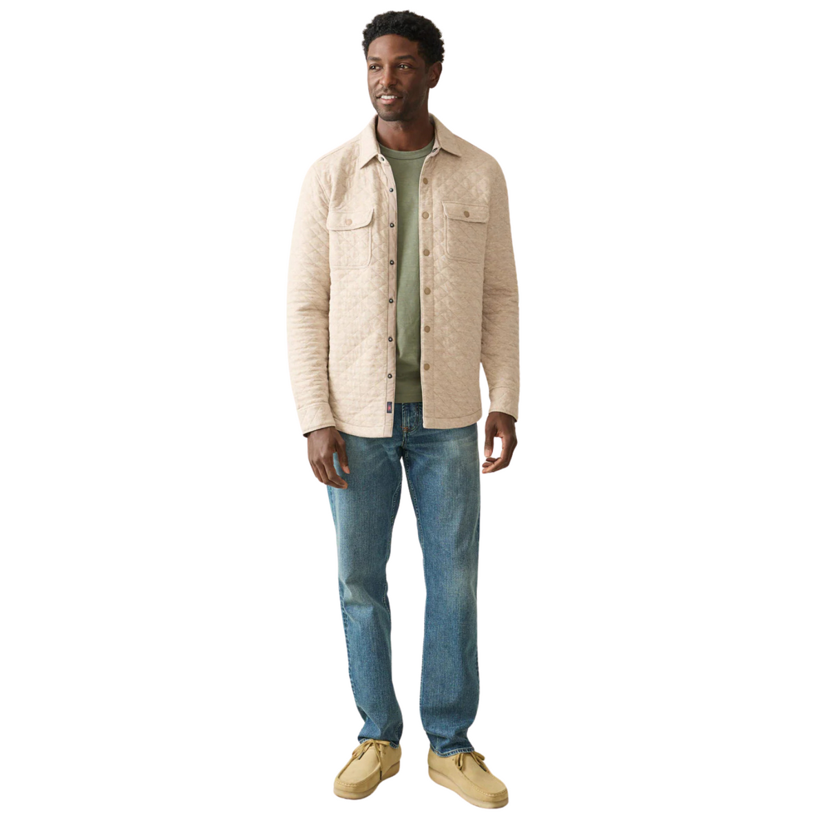 Casual date night outfit for men — dark jeans, button-down, clean sneakers