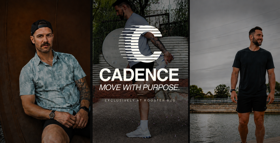 Cadence. Move with purpose. Exclusively at Rooster Bus. Men's athletic apparel — performance shirts and shorts. Shop Cadence.
