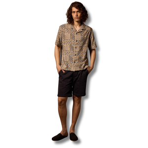 Khushi Camp Shirt - Tile Block Print Indigo - Rooster 