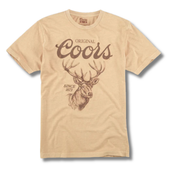 Front view of American Needle Coors Original Pigment Tee in Gold featuring a vintage Coors logo graphic on a relaxed-fit, garment-dyed tee