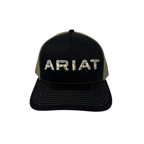 Front view of Ariat Embroidered Logo Cap in black and green featuring a bold embroidered Ariat shield logo on a structured front panel - Rooster