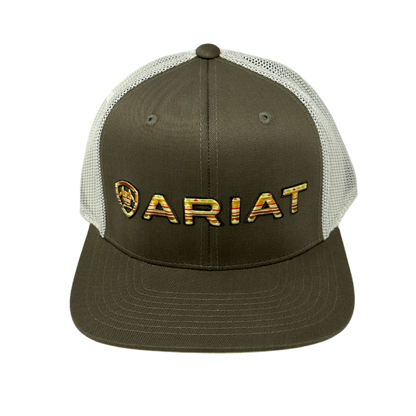 Front view of Ariat Logo Cap in dark green featuring an embroidered Ariat shield logo on a structured front panel - Rooster