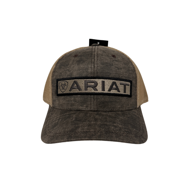 Front view of Ariat Long Logo Cap in brown featuring an embroidered long Ariat wordmark across a structured front panel - Rooster