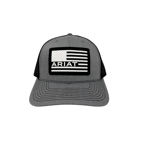Front view of Ariat Snapback USA Flag Logo in grey featuring an embroidered USA flag Ariat logo on a structured front panel - Rooster