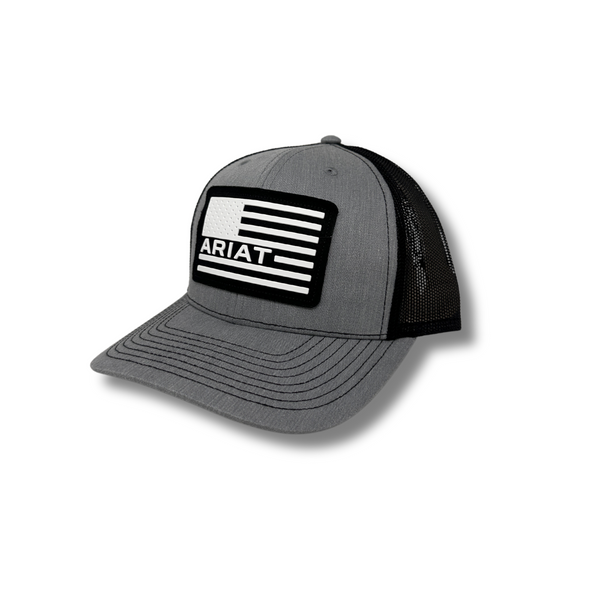 Side view of Ariat Snapback USA Flag Logo in grey showing curved brim and contrast mesh back panel - Rooster