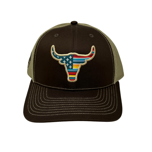 Front view of Ariat USA Flag Bull Snapback featuring embroidered bull graphic with American flag design on a structured crown - Rooster