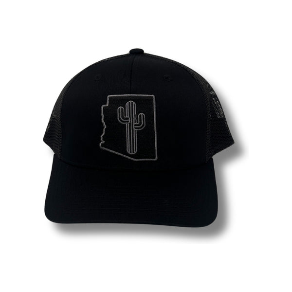 Front view of Local Stated BA Cactus Stated Hat in Black/Black featuring a tonal black cactus logo patch on a structured crown with a curved brim