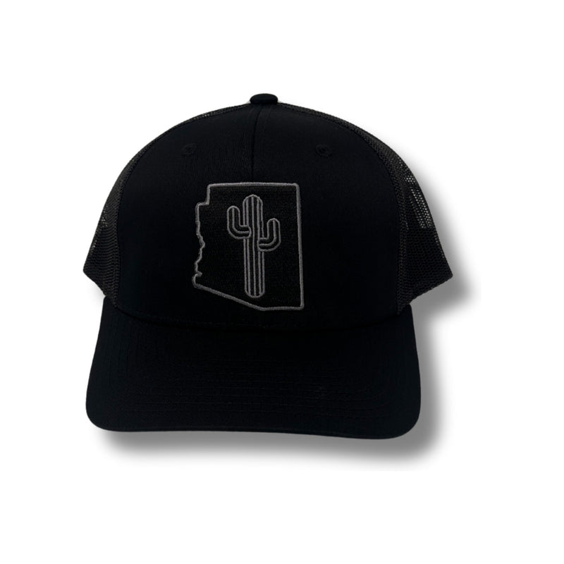 Front view of Local Stated BA Cactus Stated Hat in Black/Black featuring a tonal black cactus logo patch on a structured crown with a curved brim