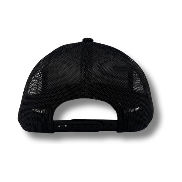 Back view of Local Stated BA Cactus Hat in Black/Black with adjustable snapback closure and tonal mesh back panels