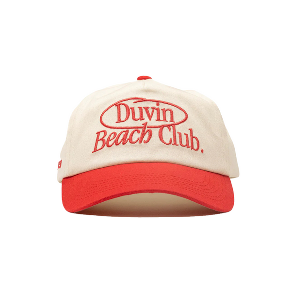 Front view of the Beach Club Hat in red with bold embroidered Beach Club logo on structured crown