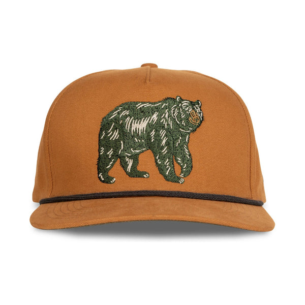 Front view of Sendero Bear Hat featuring a structured crown with an embroidered bear patch design and curved brim