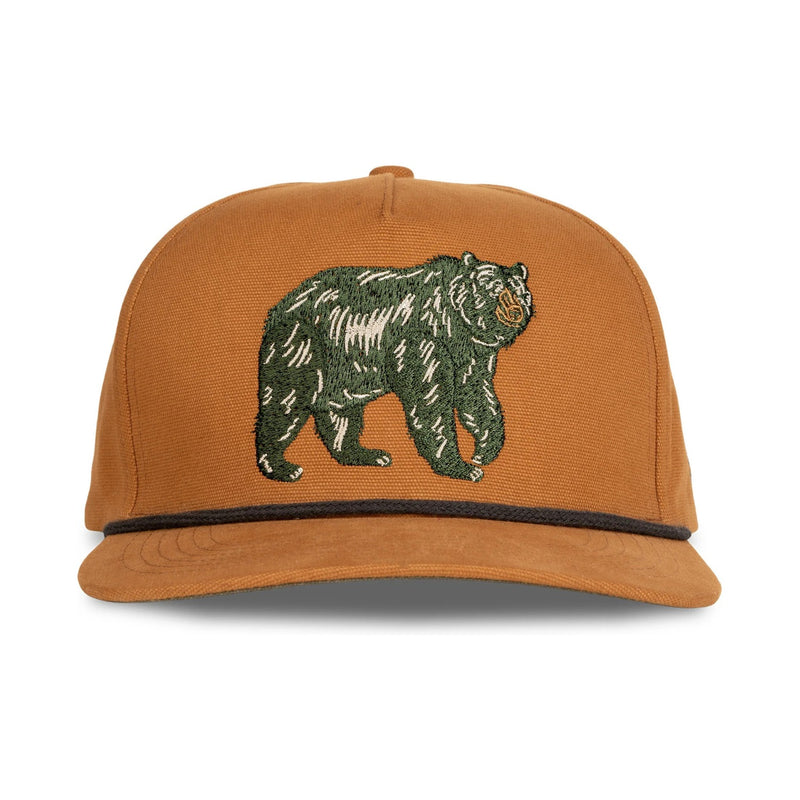 Front view of Sendero Bear Hat featuring a structured crown with an embroidered bear patch design and curved brim