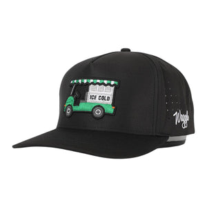 Side view of Waggle Bev Cart Hat showing mid-profile fit, curved visor, and breathable mesh side panels