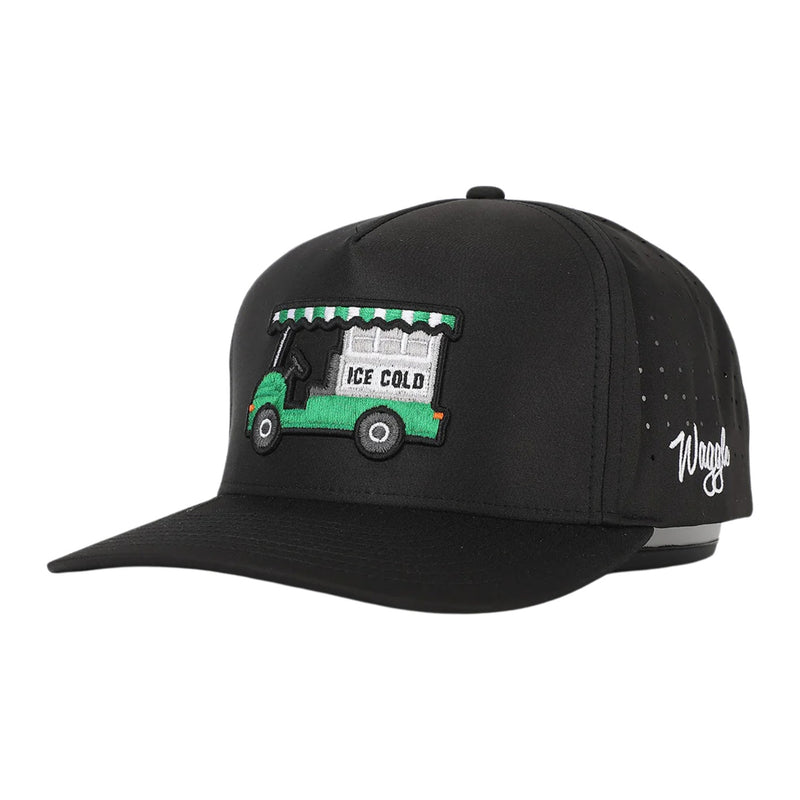 Side view of Waggle Bev Cart Hat showing mid-profile fit, curved visor, and breathable mesh side panels