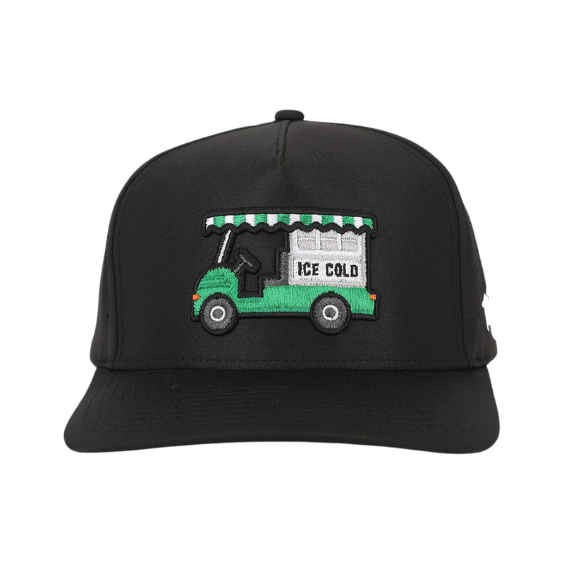 Front view of Waggle Bev Cart Hat featuring an embroidered beverage cart graphic on a structured crown with a curved brim