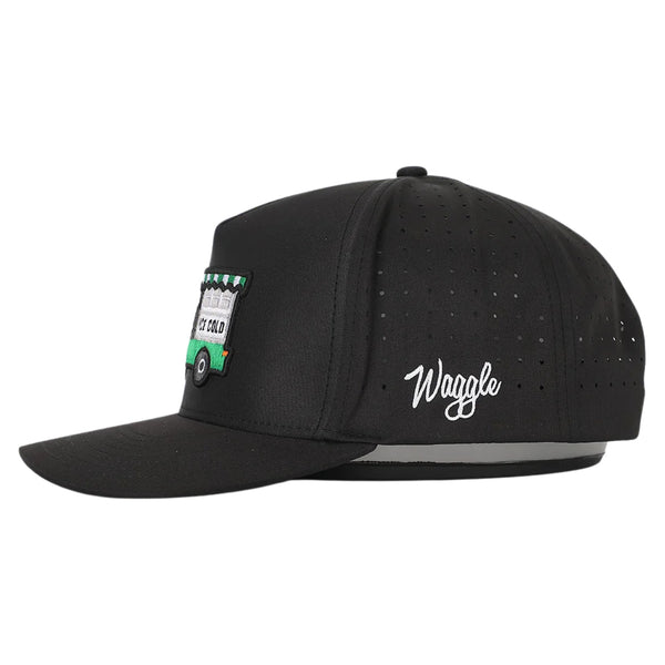 Side view of Waggle Bev Cart Hat showing mid-profile fit, curved visor, and breathable mesh side panels