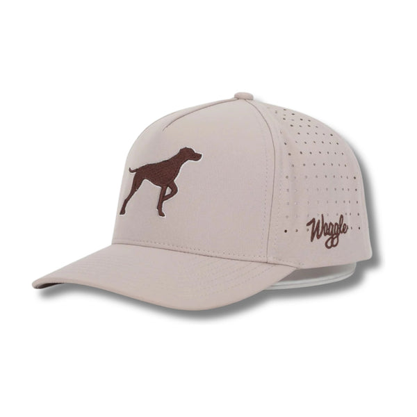 Front view of Waggle Bird Dog Hat featuring an embroidered hunting dog holding a golf flag in its mouth on a structured five-panel crown