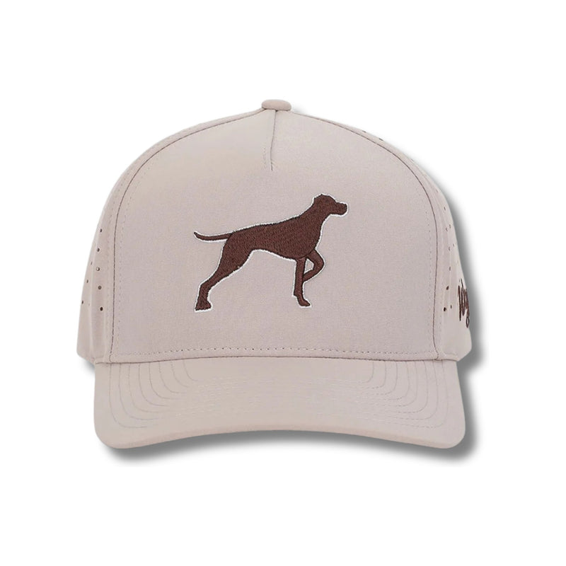 Front view of Waggle Bird Dog Hat featuring an embroidered hunting dog holding a golf flag in its mouth on a structured five-panel crown