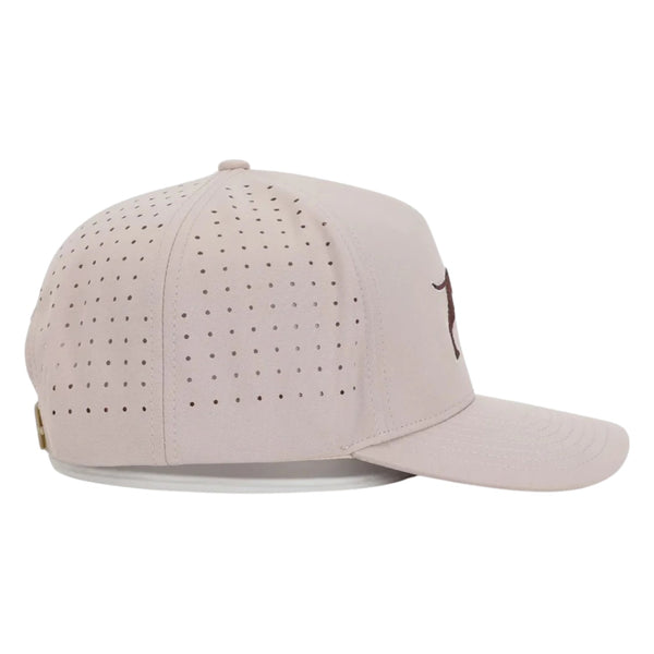 Side view of Waggle Bird Dog Hat showing a mid-profile fit, curved brim, and breathable perforated mesh side panels