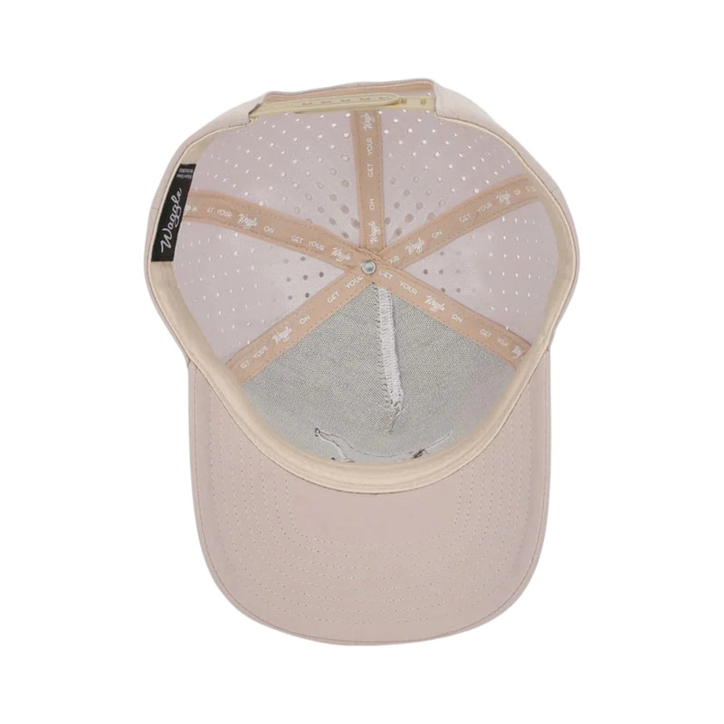 Flat lay of Waggle Bird Dog Hat highlighting the embroidered dog-and-golf-flag design, curved visor, and performance fabric construction