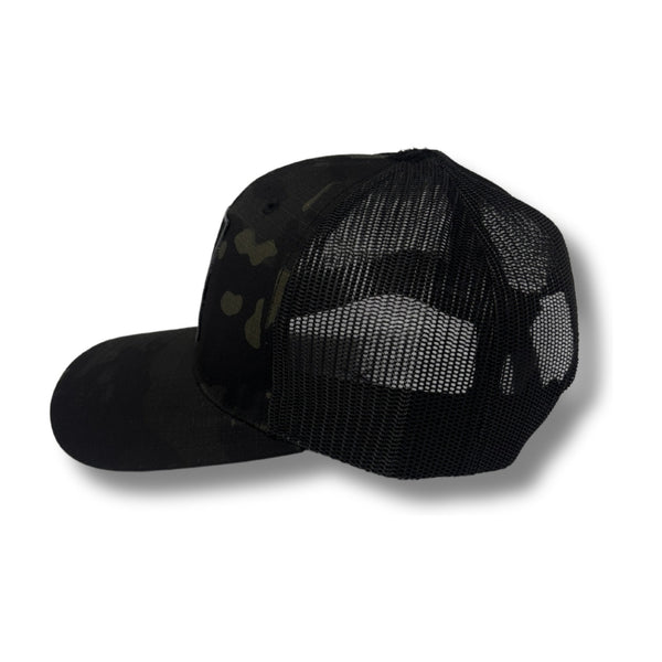 Side view of Local Stated Blacked Out Cactus Hat in Black Camo showing the curve of the brim, clean panel seams, and subtle camo pattern