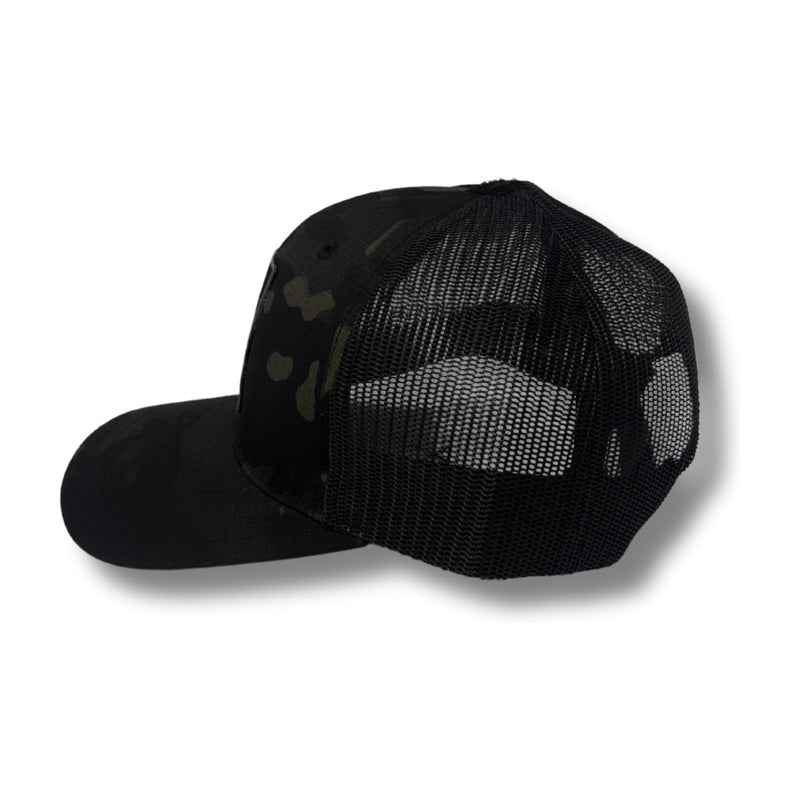 Side view of Local Stated Blacked Out Cactus Hat in Black Camo showing the curve of the brim, clean panel seams, and subtle camo pattern
