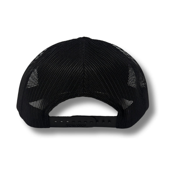 Back view of Blacked Out Cactus Stated Hat in Black Camo featuring an adjustable snapback closure and matching camo mesh panels