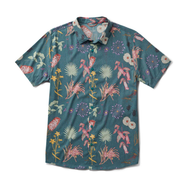 Front view of Roark Bless Up Breathable Stretch Shirt in Deep Sea featuring a button-up front, breathable micro-perforated fabric, and performance stretch fit