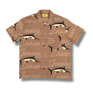 Front view of Duvin Catch Of The Day Button-Up in Brown featuring a playful all-over fish print, relaxed fit, and button-up front with a camp collar