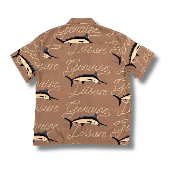 Back view of Duvin Catch Of The Day Button-Up in Brown with seamless continuation of the fish pattern and straight hemline