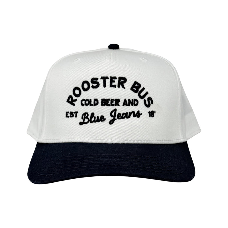 Cold Beer and Blue Jeans Rooster Bus Hat – White/Navy