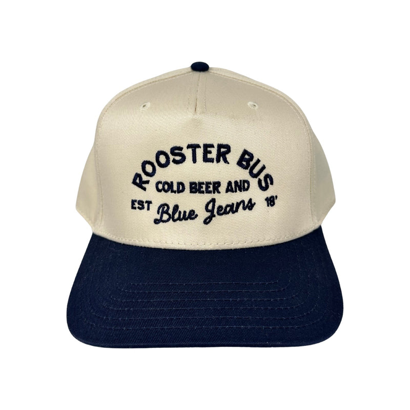 Cold Beer and Blue Jeans Rooster Bus Hat – Natural/Navy