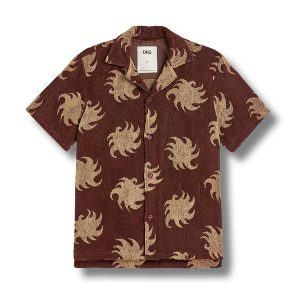 Flat lay of OAS Cuba Terry Shirt in Mocha Ember showing contrast mocha and ember tones, button front, and soft terry cloth construction