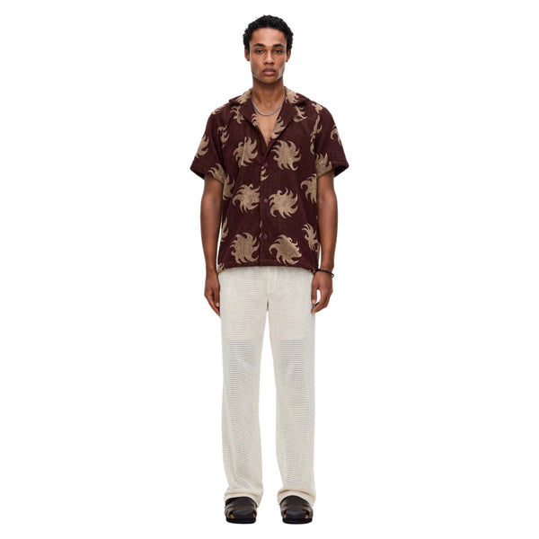 Front view of OAS Cuba Terry Shirt in Mocha Ember featuring soft terry cloth, rich earth-toned panel design, and relaxed button-up fit