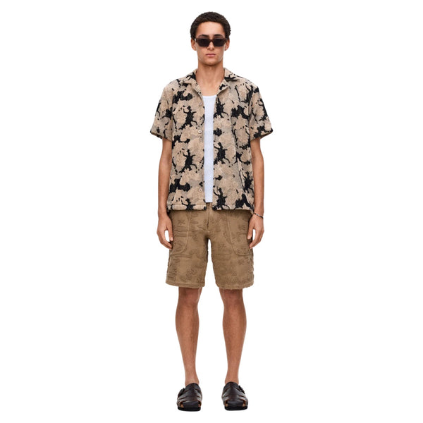 Front view of OAS Cuba Terry Shirt in Jura Contraste featuring soft terry fabric, relaxed fit, and bold geometric contrast paneling
