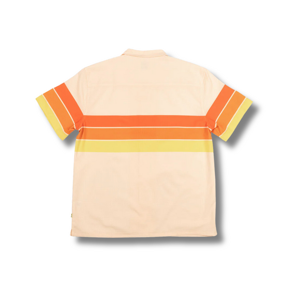 Back view of Duvin Horizon Leisure Stretch Button-Up in Antique with subtle striping and tailored hemline for a clean look