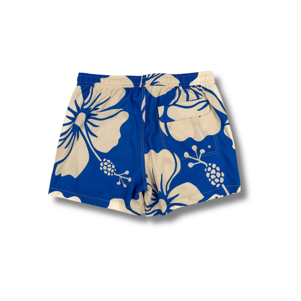 Back view of Duvin Paradise Swim Short in Blue with single back pocket and branded woven label