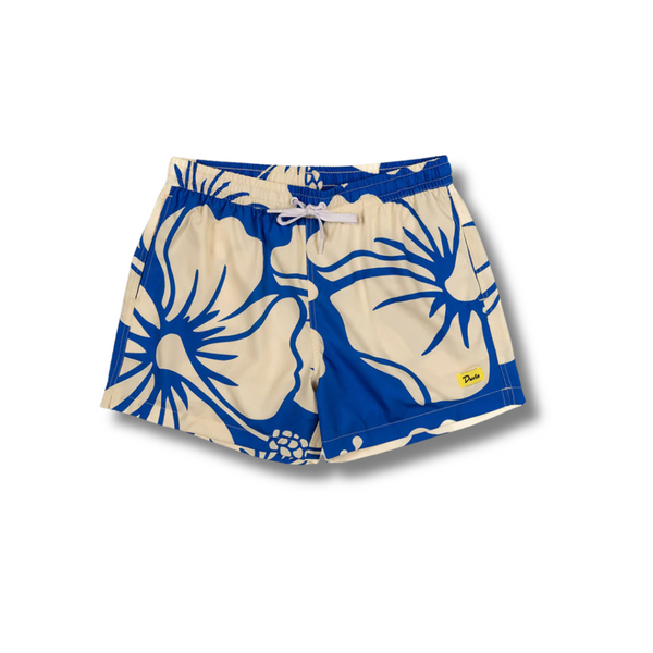 Front view of Duvin Paradise Swim Short in Blue featuring elastic waistband with drawstring, mid-thigh length, and retro tropical print