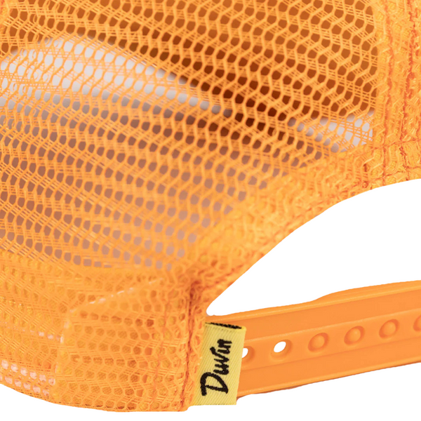 Back of the Duvin Quit My Job Trucker Hat in yellow featuring snapback closure and breathable mesh