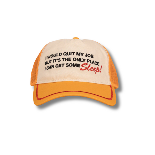 Front view of the Duvin Quit My Job Trucker Hat in bright yellow with bold retro text graphic