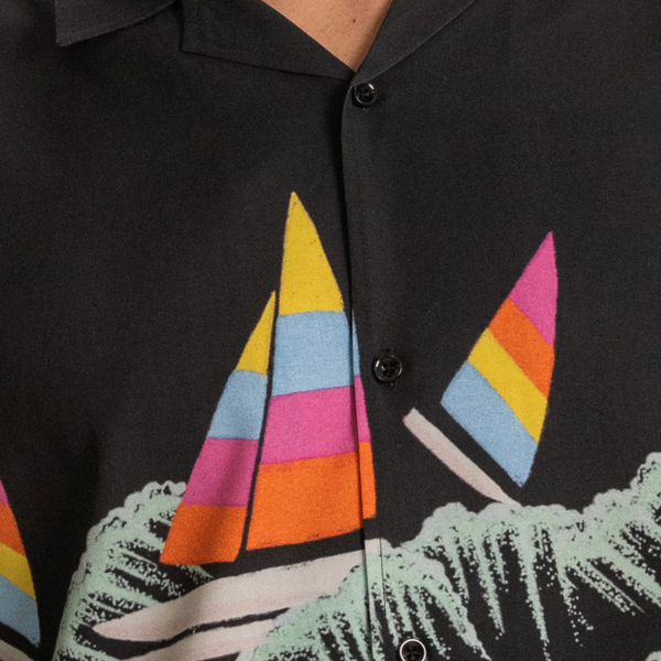 Close-up of sailing-themed print, buttons, and collar stitching on the Duvin Sailing Button-Up in Black