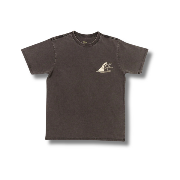 Front view of Duvin Shark Attack Leisure Tee in Black featuring a bold front graphic and relaxed fit with short sleeves