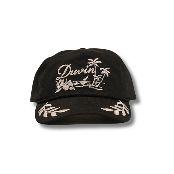 Front view of the Duvin Tropical Oasis Hat in black with embroidered tropical patch detail
