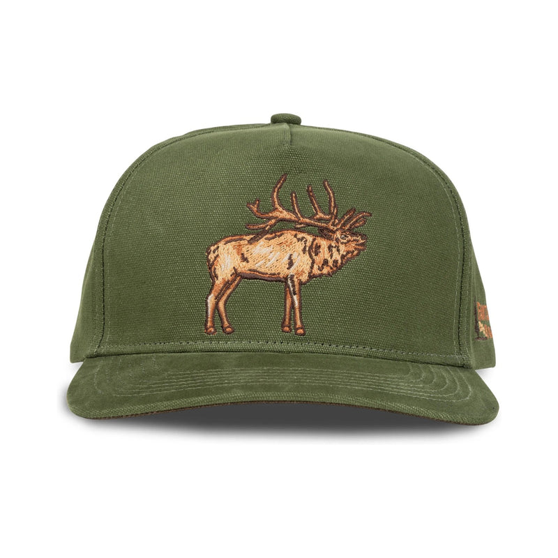 Front view of Sendero Elk Hat in green featuring a structured crown, curved brim, and embroidered elk patch on the front panel