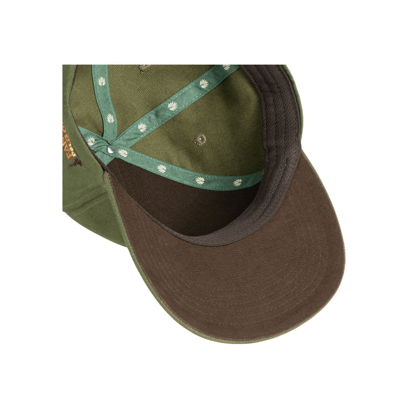 Flat lay of Sendero Elk Hat in green highlighting front elk patch, crown shape, and two-tone color palette
