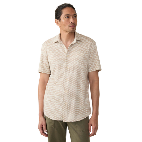 Front view of Faherty Hermosa Shirt in Island Sand Fishscale featuring a subtle fishscale pattern, button-up front, and lightweight, breathable cotton blend