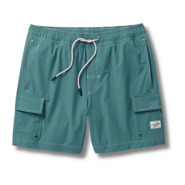 Flat lay of Fair Harbor Breaker Short in Seapine showcasing elastic waistband, drawstring closure, and clean stitching